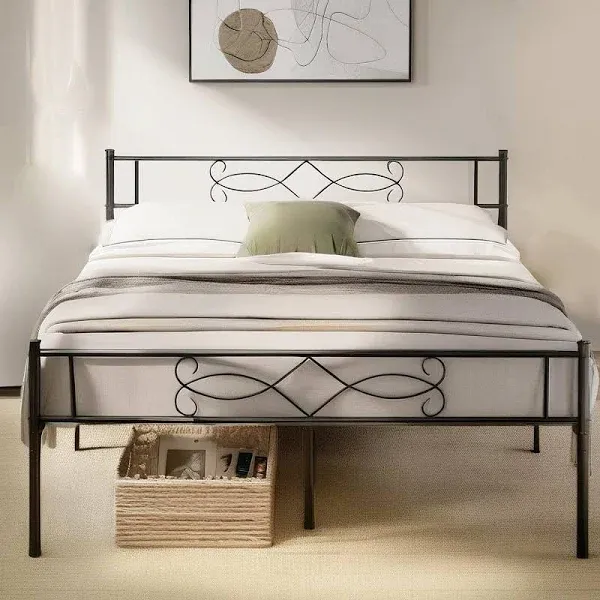 Vecelo 14" Queen Size White Metal Platform Bed Frame with Headboard,Premium Steel Slat Support/No Box Spring Needed/Noise-Free/Easy Assembly