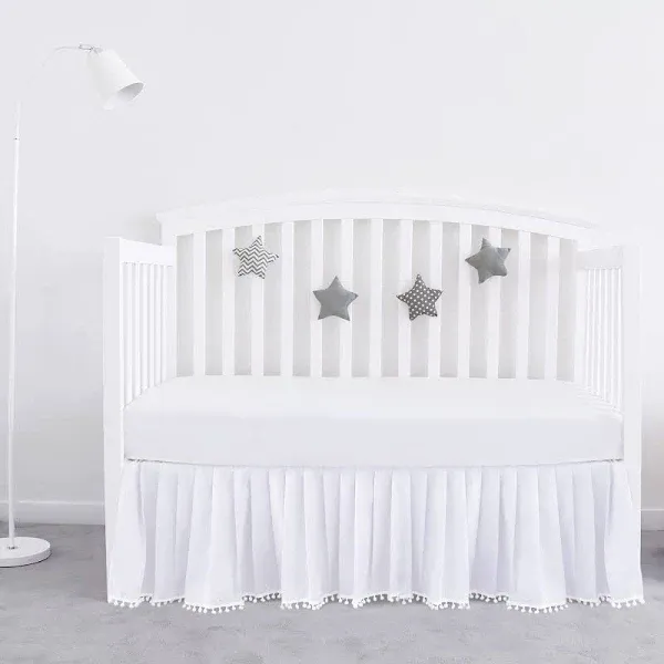 Crib Skirt with Tassel Pompoms Dust Ruffled 14" Drop - White