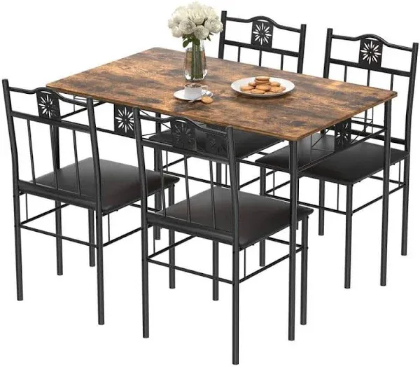 Kitchen Dining Room Table Sets for 4, 5 Piece Metal and Wood Rectangular Breakfast Nook, Dinette with Chairs