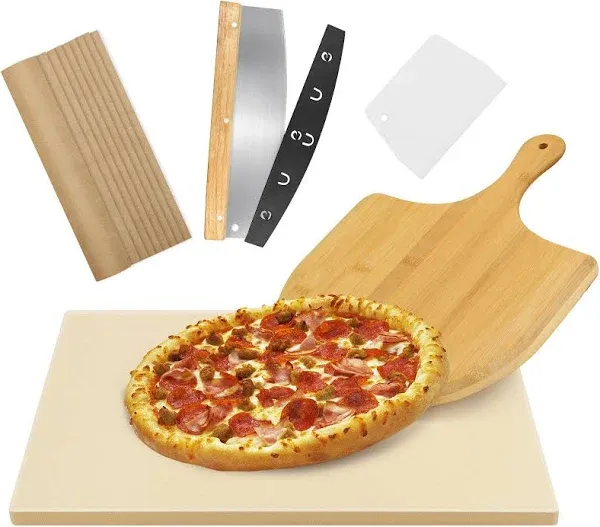 Pizza Stone for Oven and Grill with Wooden Pizza Peel Paddle &amp; Pizza Cutter Set 