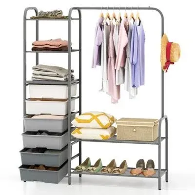 Giantex Free Standing Closet Organizer, Heavy Duty Garment Rack with 6 Removable Drawers (Grey)