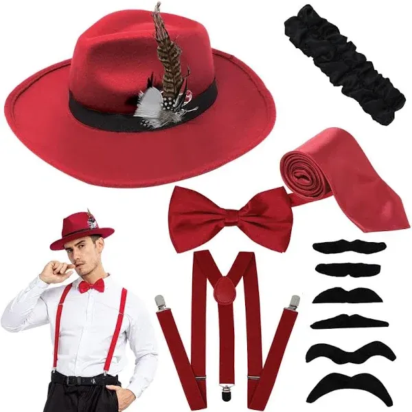 Spooktacular Creations Manhattan 1920s Mens Hat Accessories Gatsby Gangster Retro Hat Suspender Bow Tie Halloween Costume Set