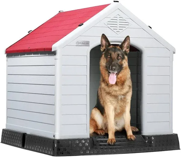 LEMBERI Durable Waterproof Plastic Dog House for Small to Large Sized Dogs, Indoor Outdoor Doghouse Puppy Shelter with Elevated Floor, Easy to Assemble (Gray, 42''L*38''W*39''H)