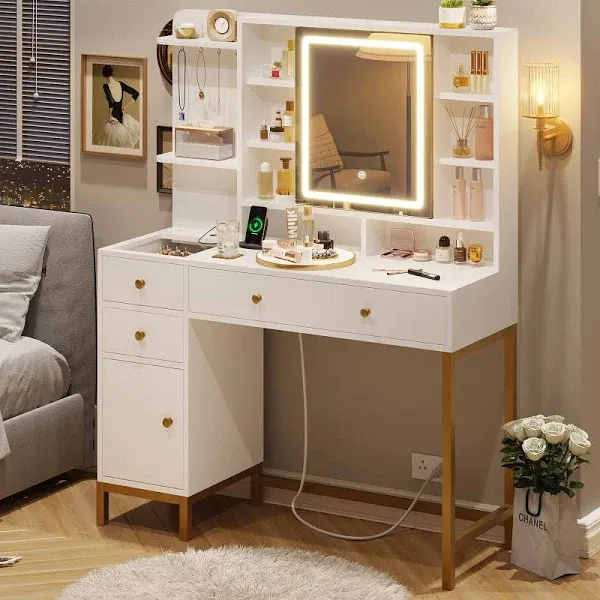 Pakasept Makeup Vanity with Lights and Openable Mirror Charging Station