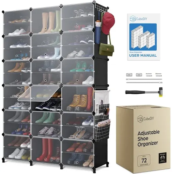 CUBEDIY Shoe Organizer Cabinet Up to 72 Pairs, Shoe Closet-Portable Closed Shoe Rack with See-Through Door (Clear, Plastic, Stackable) Cubby Shoes