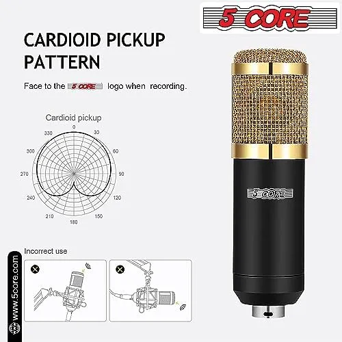 5Core Recording Microphone Podcast Bundle  Professional Condenser Cardioid Mic Kit  w Boom Arm