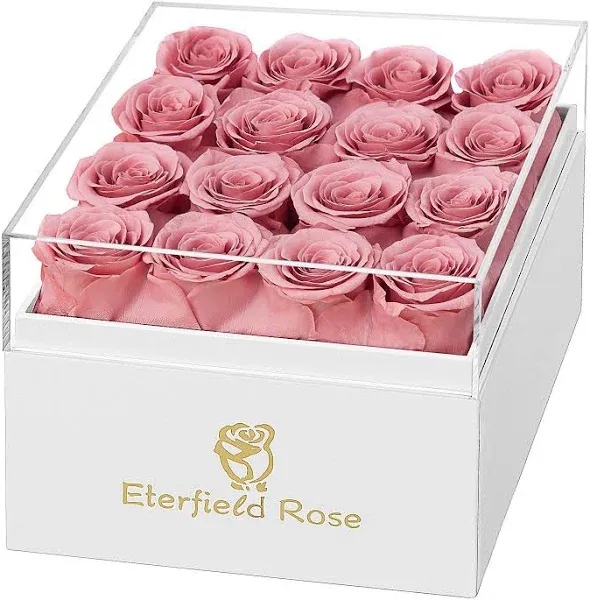 Eterfield Forever Flowers Preserved Roses Real Roses That Last a Year Rose Box Gifts for Her Mothers Day Valentines Day Christmas (Square White Box, 16 Dusty Pink Roses)