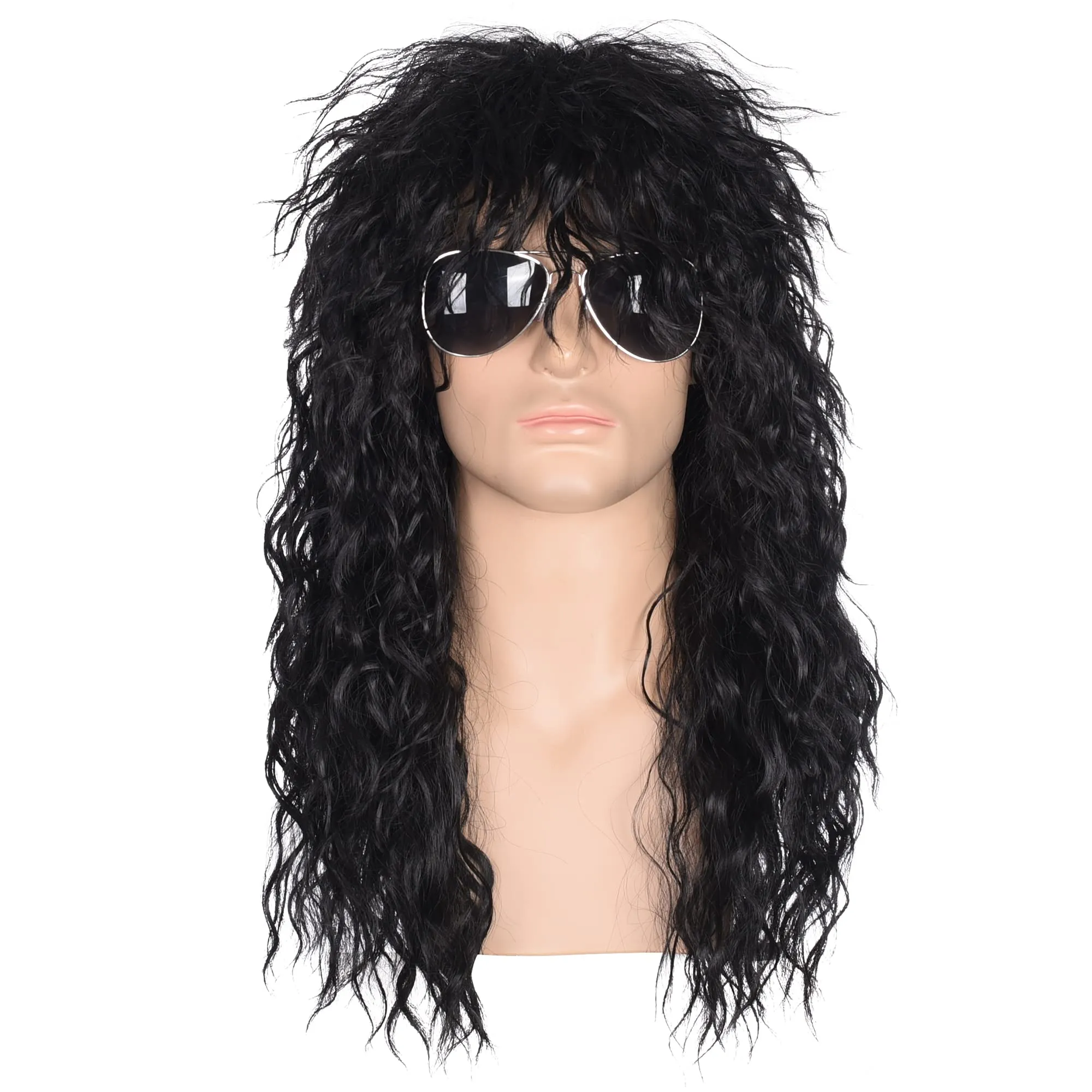 Men’s 80s Style Long Black Curly Hair Glam Rock-Rocker Perfect for Halloween,...