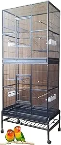 76" Extra Large Double Stackable Wrought Iron Breeding Bird Flight Parrot Cockatiel Conure Breeder Separate Cages Nesting Box Doors Easy Clean Pull Out Grate Tray Detachable Rolling Stand