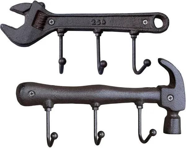 KiaoTime Set of 2 Wrench and Hammer Cast Iron Metal Wall Coat Hooks Hat Rack Rustic Retro Vintage