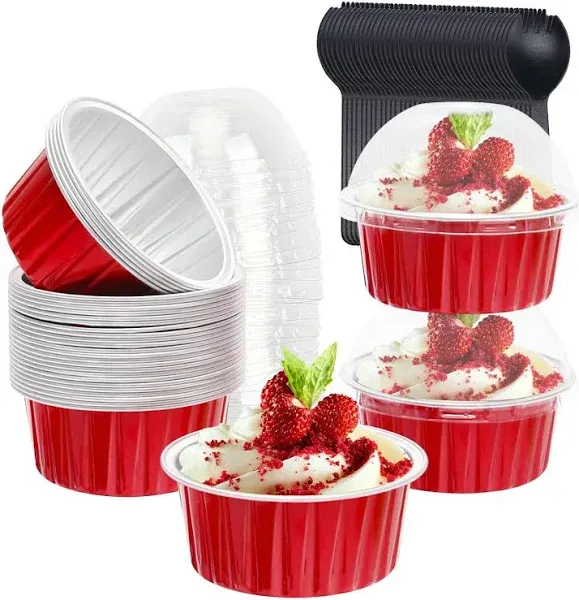 Red Cupcake Liners Muffin Tins 50 Pack,5oz Aluminum Foil Baking Cups with Lid...