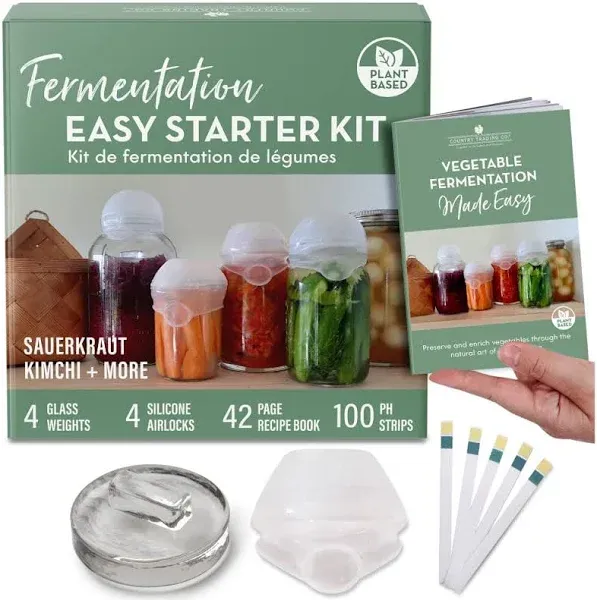 Fermentation Kit with 4 Glass Pickle Weights, 4 Airlock Lids, Easy Fermenting Recipes for Sauerkraut, Making Kimchi and Pickling Vegetables in Jars