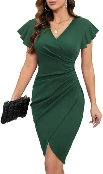 Machico 2025 Women's Sexy V Neck Ruffle Sleeve Faux Wrap Ruched Bodycon Sheath Cocktail Party Work Dress