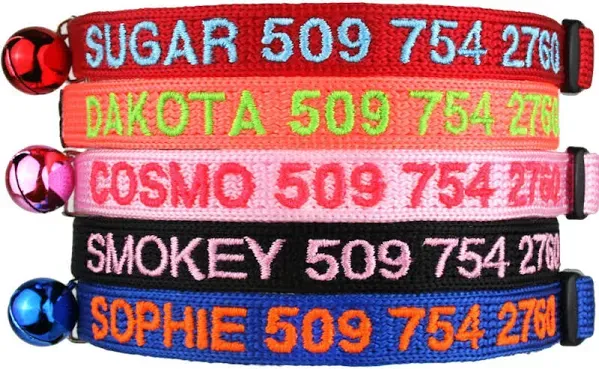 GoTags Personalized Cat Collars with Breakaway Safety Release Buckle, Custom Embroidered Cat Collar with Pet Name and Phone Number, Adjustable Nylon ID Collar with Bell for Cat or Kitten