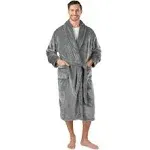 PAVILIA Mens Soft Robe, Plush Warm Bathrobe for Men, Long Spa Robe with Shawl Collar, Pockets, Trim Piping (Grey)