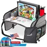 Kids Travel Tray with Bag - Toddler Car Seat Tray, Foldable Lap Travel Table Desk with iPad Holder, Drawing Board, Storage Pocket Organizer for Child Road Trip, Car Stroller, Airplane - Silver