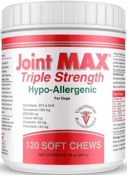 TS Joint Supplement Vet Formulated Pain & Inflammation Relief Treats Hip Dysplasia & Arthritis, Glucosamine, Chondroitin, Turmeric, MSM, HA, Creatine, Omega 3 EPA + DHA.120 Soft Chews