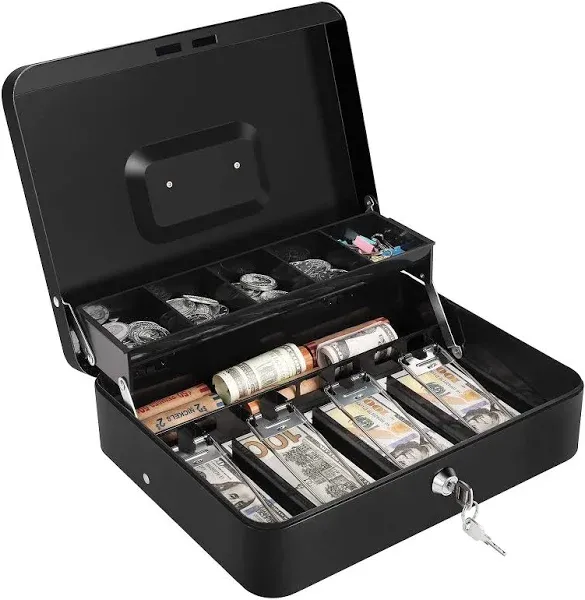 Cash Box with Lock and Money Tray Large Metal Money Safe Box for Adult Cash Box Tiered 11.8 x 9.4 x 3.54 Inches