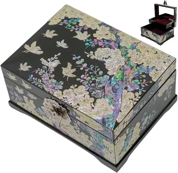 February Mountain Mother-of-Pearl Jewelry Box – Handcrafted Bird & Floral Design, Two-Tier Organizer with Mirror, Black Lacquer Finish, Red Velvet Interior – Christmas Gift for Women