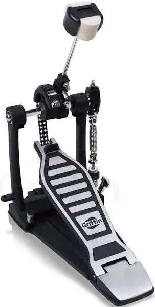 Single Kick Bass Drum Pedal by GRIFFIN | Deluxe Double Chain Foot Percussion Hardware for Intense Play | 4 Sided Beater & Fully Adjustable Power Cam System | Perfect for Beginner & Pro Drummers