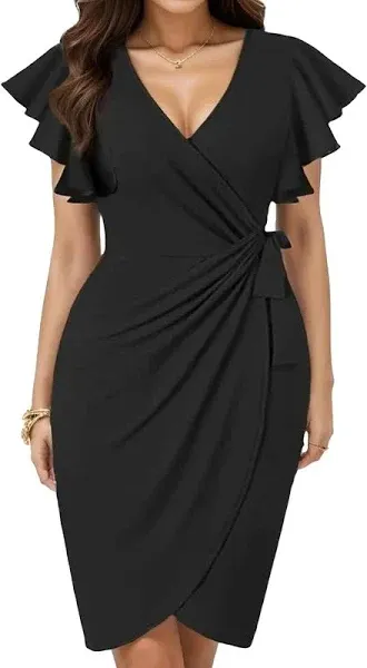 Womens Sexy V Neck Cocktail Dress Ruffle Sleeve Pleated Design Short Sleeved Club Party Dress