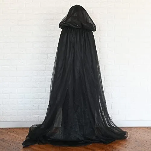 Skeleteen Black Hooded Tulle Cape - Long Chiffon Medieval Net Robe Vampire Bride Sheer Cloak Costume for Adults and Teens