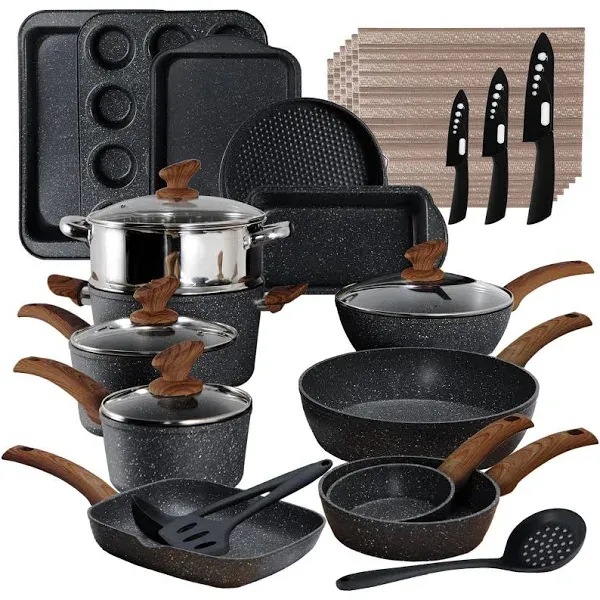 Kitchen Academy Ultimate 30 Pieces Granite-Coating Nonstick Induction Cookware Set