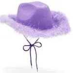 Zodaca Purple Cowboy Hat with Feathers for Women, Men, Fluffy Cowgirl Hat for Halloween Costume, Birthday, Bachelorette Party