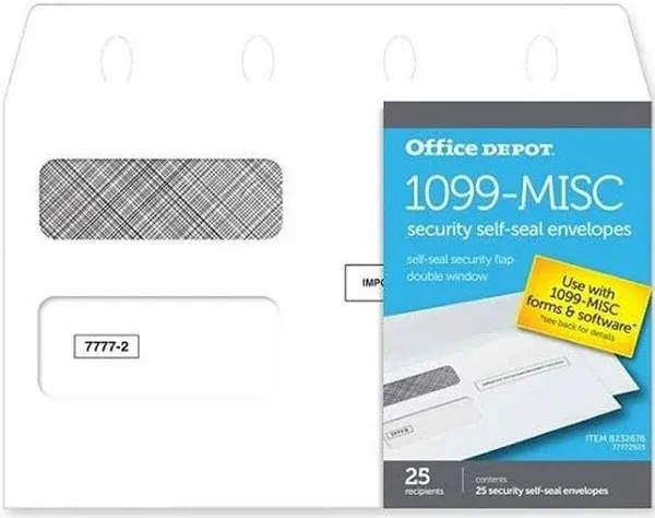 Office Depot 1099-MISC Security Self Seal Envelopes - Pack of 25 - 8232676 - New