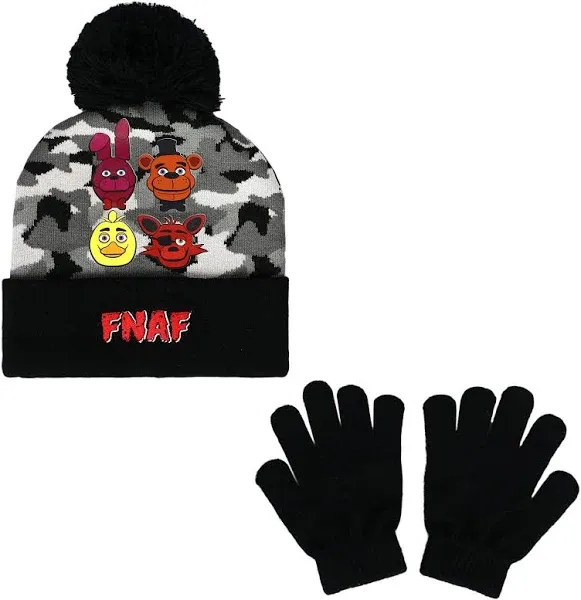 Five Nights At Freddy's Character Heads Camo Cuff Beanie & Magic Gloves