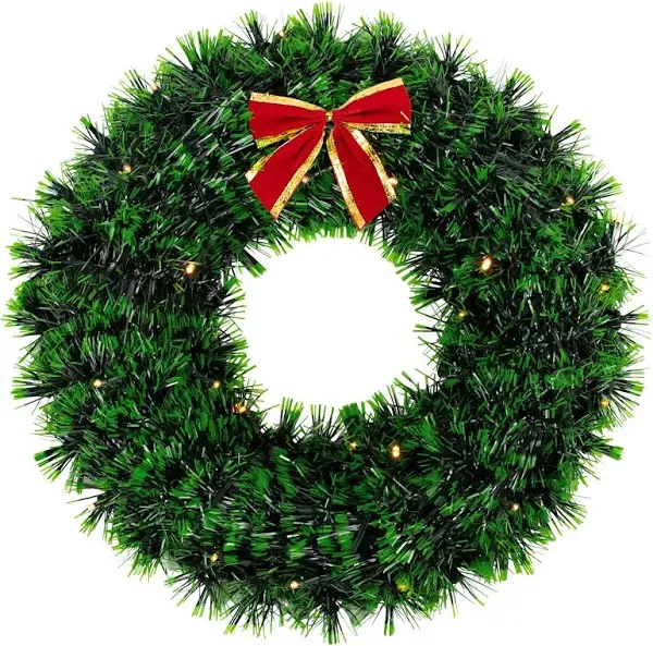 17-Inch Pre-Lit Green Tinsel Artificial Christmas Wreath with Bow - Clear LED Lights