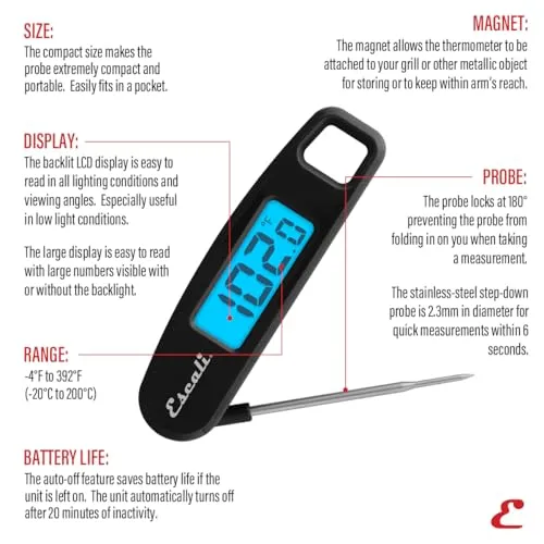 Escali Compact Portable Meat Candy Folding Digital Thermometer, Backlit Display Easy to Storage with Magnet, Black