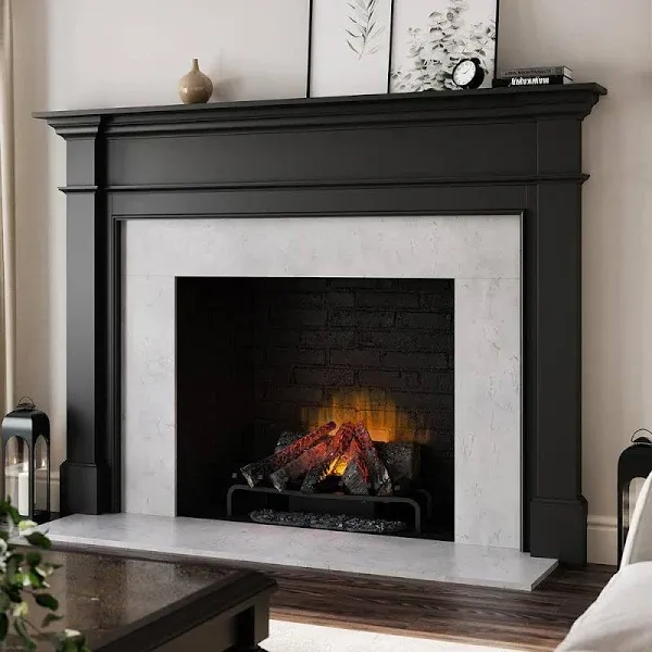 Modern Ember Lakeport Traditional Wood Fireplace Mantel Surround Kit, Black with 56 Inch Opening | Elegant Design with Decorative Trim Molding; Includes Wooden Mantel Surround & Shelf