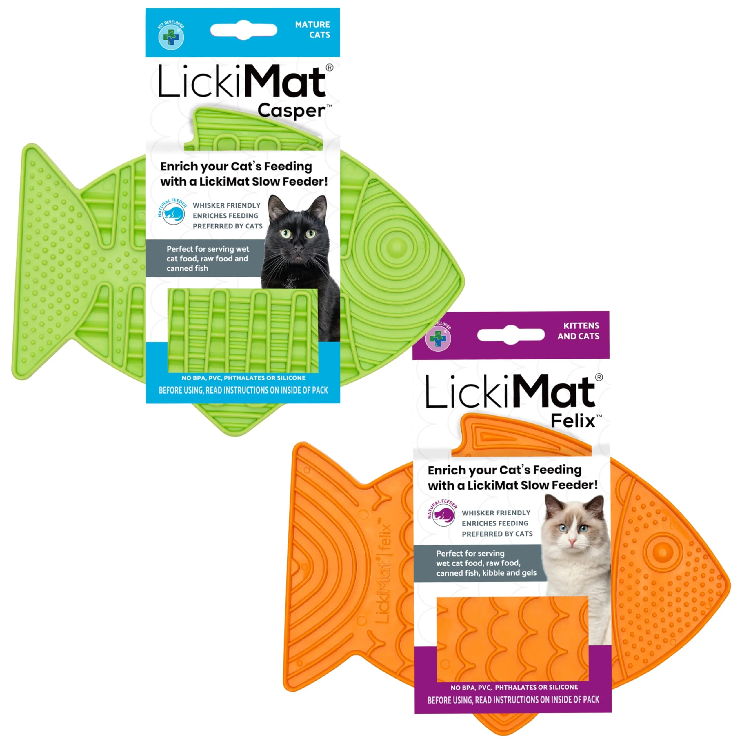 Lickimat Casper & Felix, Fish-Shaped Cat Slow Feeders Lick Mat, Boredom Anxiety Reducer; Perfect for Food, Treats and Anxiety Reduction. (Turquoise & Green, Casper & Felix)