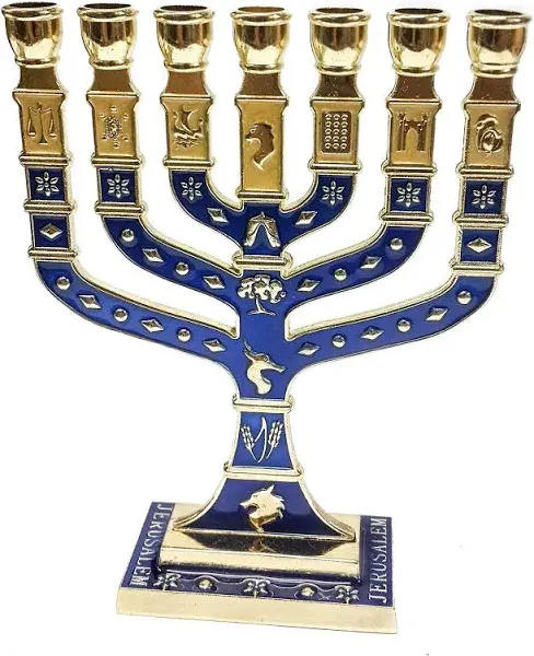 Nazareth Market Store Golden Menorah 7 Branch 12 Tribes of Israel Jerusalem Menora Blue Enamel 4.7"