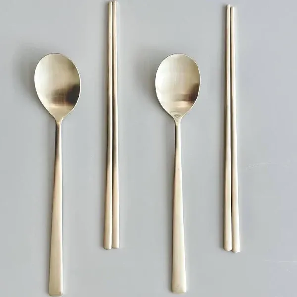 Korean Made Traditional Utensil Chopstick Set Flatware Champagne Gold Stainless Steel Spoon & Chopsticks Comfortable Grip