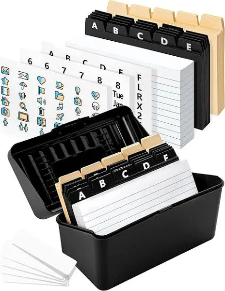 Index Card Holder 3x5, Heavy-Duty Index Card Box with Dividers – 100 Ruled Cards, 25 Manila & Plastic Dividers, 72 Stickers & 5 Box Labels – Index Card Organizer