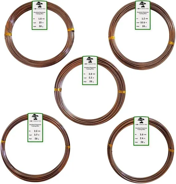 Anodized Aluminum Bonsai Training Wire 5-Size Starter Set with Canvas Bag - 1.0mm, 1.5mm, 2.0mm, 2.5mm, 3.0mm (147 feet total) - Choose Your Color (5 Sizes, Brown)