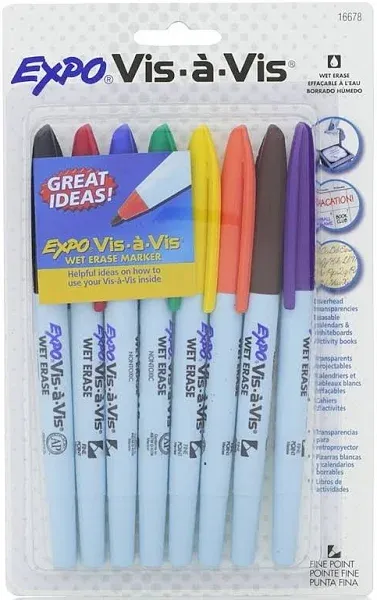 EXPO 16678B Vis-A-Vis Wet-Erase Overhead Transparency Markers, Fine Point, Assorted Colors, 8-Count