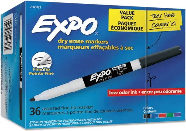 EXPO Low-Odor Dry-Erase Markers, Fine Point, Assorted Colors, Pack Of 36