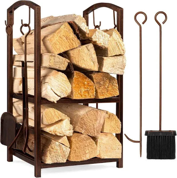 Wrought Iron Firewood Log Storage Rack Set W/ Firepit Tools Indoor Outdoor New