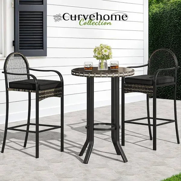 YITAHOME 3-Piece Patio Bar Table Set, Outdoor Wicker Bar Height Bistro with Soft Cushions, Steel Frame for Poolside Balcony, Barstools (Black)