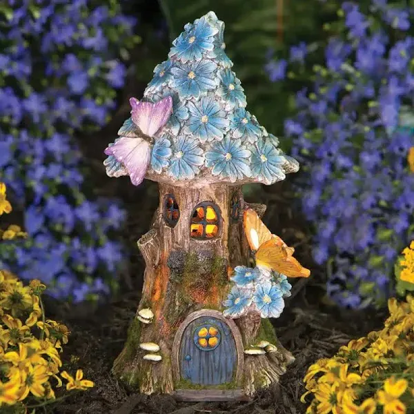 Bits and Pieces Solar Butterfly and Blue Daisies Fairy House