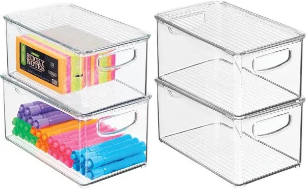 mDesign Plastic Deep Kitchen Storage Bin Box with Lid and Handles (4 Pack, Clear)