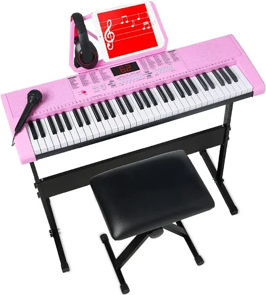 Best Choice Products 61-Key Electronic Keyboard Piano Portable Electric Keyboard Complete Beginner Set w/LED Screen, Stand, Bench, Headphones - Pink