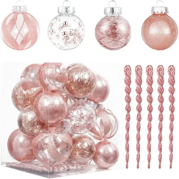 32Ct Christmas Ball Ornaments Set -Champagne Clear Plastic Shatterproof Xmas Tre