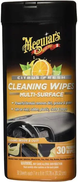 Meguiar's Citrus-Fresh Cleaning Wipes - Multi-Surface Wipes Removes Dirt, Grease, and Grime on a Variety of Surfaces Inside and Out - Citrus Scented Wipes that Make for Convenient Cleaning, 30 Wipes