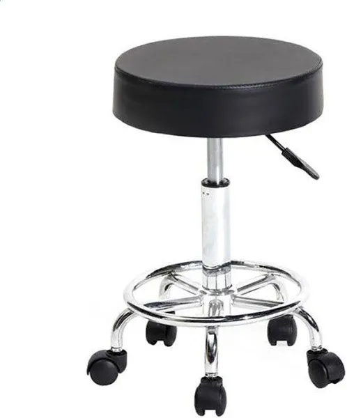 PU Leather Round Rolling Stool with Foot Rest, Height Adjustable Swivel Drafting Work SPA Medical Salon Stools Chair with Wheels (Black)