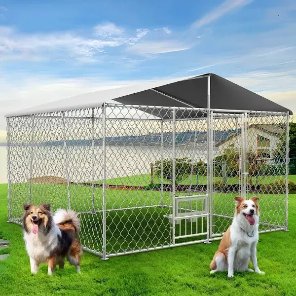 Upgraded 10x10x7FT Outdoor Dog Kennel with Roof and Bowls, Large Dog House Pen Enclosure with Sidebar, Heavy Duty Chain Link Dog Cage Run with Openable Feeding Doors