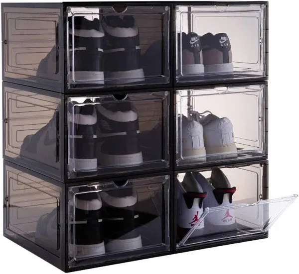 Shoe Organizer Shoe Storage Boxes, 6 Pack Large Drop Front Shoe Boxes with Magnetic Door, Clear Plastic Stackable Shoe Containers (Black)